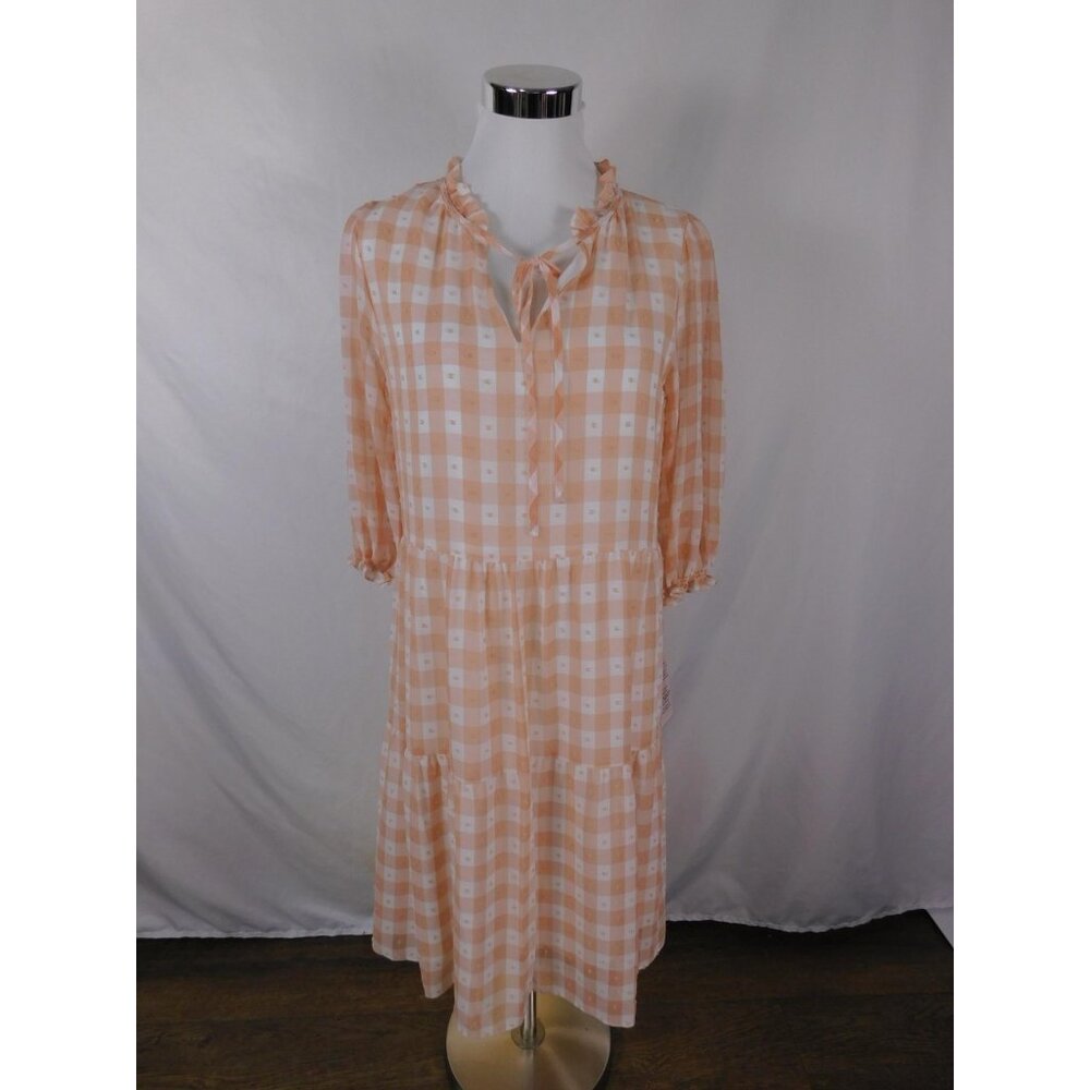 Nanette Lepore Dress Womens 6 Pink Gingham V-Neck 3/4 Sleeve Ruffle Tiered